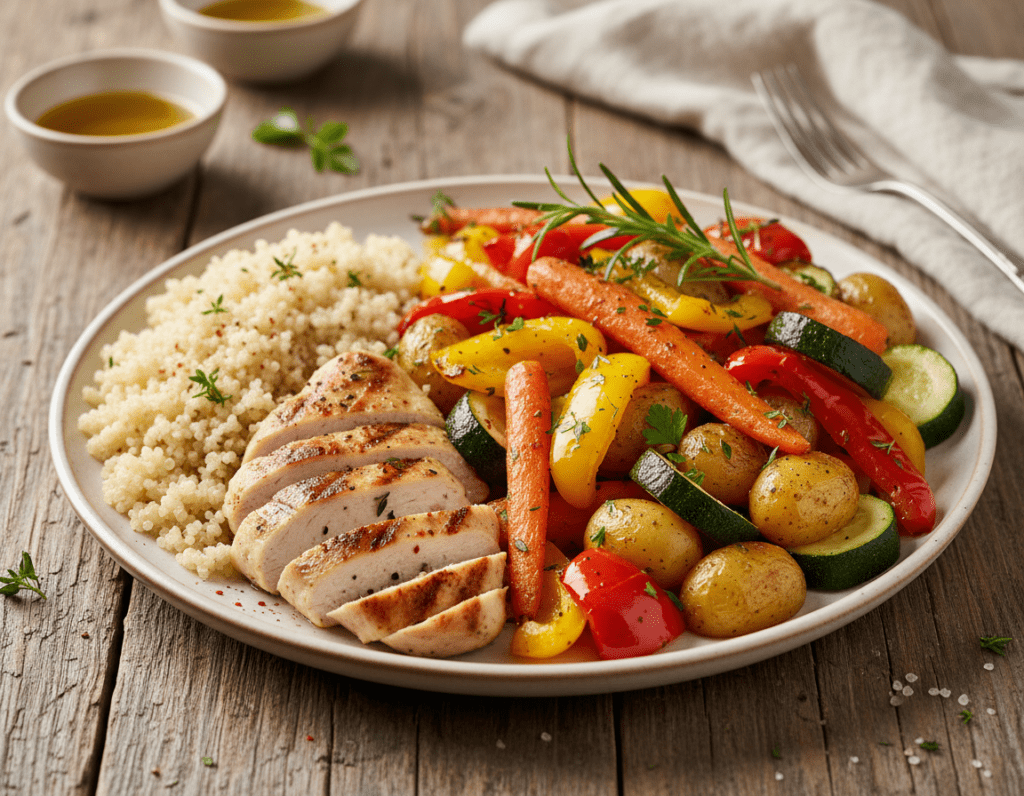 A beautifully arranged plate of roasted vegetables, including colorful bell peppers, zucchini, and carrots, mixed with tender baby potatoes, garnished with fresh herbs. In the foreground, a serving of cooked quinoa or grilled chicken is artistically placed next to the vegetables, emphasizing the protein content. Soft, natural light illuminates the scene, creating a warm and inviting atmosphere. The background features a rustic wooden table, adding a homey touch. The angle captures the dish from slightly above, showcasing the vibrant colors and textures of the vegetables, while maintaining a clean and visually appealing composition. The overall mood evokes a sense of wholesome, healthy eating. A beautifully arranged plate of roasted vegetables, including colorful bell peppers, zucchini, and carrots, mixed with tender baby potatoes, garnished with fresh herbs. In the foreground, a serving of cooked quinoa or grilled chicken is artistically placed next to the vegetables, emphasizing the protein content. Soft, natural light illuminates the scene, creating a warm and inviting atmosphere. The background features a rustic wooden table, adding a homey touch. The angle captures the dish from slightly above, showcasing the vibrant colors and textures of the vegetables, while maintaining a clean and visually appealing composition. The overall mood evokes a sense of wholesome, healthy eating.
