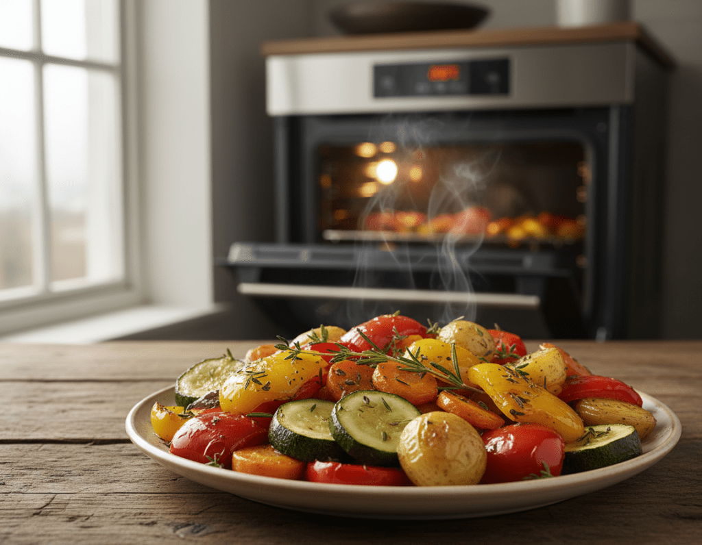 A beautifully arranged plate of roasted vegetables, showcasing vibrant pieces of bell peppers, zucchini, carrots, and potatoes, glistening with olive oil and sprinkled with herbs. In the foreground, focus on the texture and colors of the vegetables, highlighting their golden edges and caramelized surfaces. The middle ground features a rustic wooden table, enhancing the warm, inviting atmosphere. In the background, an oven with the door slightly ajar, revealing a glowing interior at a temperature of 200 degrees Celsius (392 degrees Fahrenheit), surrounded by steam. Soft, natural lighting filters in from a nearby window, casting gentle shadows and creating a cozy, homey feel. The overall mood is warm and inviting, perfect for a delightful cooking experience. A beautifully arranged plate of roasted vegetables, showcasing vibrant pieces of bell peppers, zucchini, carrots, and potatoes, glistening with olive oil and sprinkled with herbs. In the foreground, focus on the texture and colors of the vegetables, highlighting their golden edges and caramelized surfaces. The middle ground features a rustic wooden table, enhancing the warm, inviting atmosphere. In the background, an oven with the door slightly ajar, revealing a glowing interior at a temperature of 200 degrees Celsius (392 degrees Fahrenheit), surrounded by steam. Soft, natural lighting filters in from a nearby window, casting gentle shadows and creating a cozy, homey feel. The overall mood is warm and inviting, perfect for a delightful cooking experience.