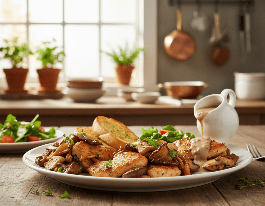 A beautifully arranged plate of sautéed chicken with mushrooms showcasing various creative variations. In the foreground, a serving of golden-brown, tender chicken pieces mixed with an array of colorful, fresh mushrooms—shiitake, portobello, and oyster—highlighting textures and details. Garnished with vibrant herbs like parsley and thyme. In the middle ground, a side of creamy mushroom sauce flowing over the dish, with slices of garlic bread and a light salad. The background features a warm, inviting kitchen setting with soft natural light pouring in through a window, creating a cozy atmosphere. Capture the scene from a slightly elevated angle to emphasize the ingredients and the cheerful ambiance of home cooking.
