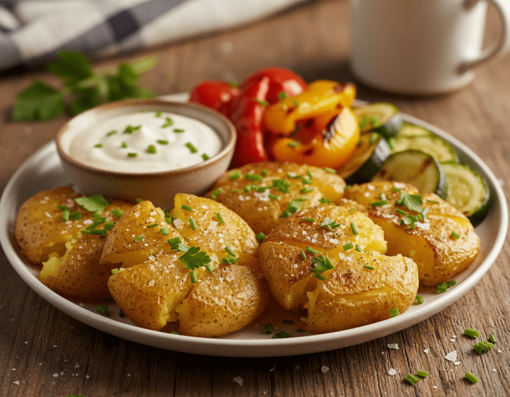A beautifully arranged plate of smashed potatoes, garnished with fresh herbs like parsley and chives. The foreground showcases the crispy, golden edges of the potatoes, with a sprinkle of sea salt glistening under warm, soft lighting. In the middle, add a small bowl of rich, creamy garlic aioli for dipping, surrounded by colorful roasted vegetables like bell peppers and zucchini. The background features a rustic wooden table enhancing the homey atmosphere. The scene is shot from a slightly elevated angle to capture the texture and details of the dish, inviting the viewer to relish the comforting appeal of this versatile dish. The warm light creates a cozy, inviting mood, perfect for a mealtime setting.
