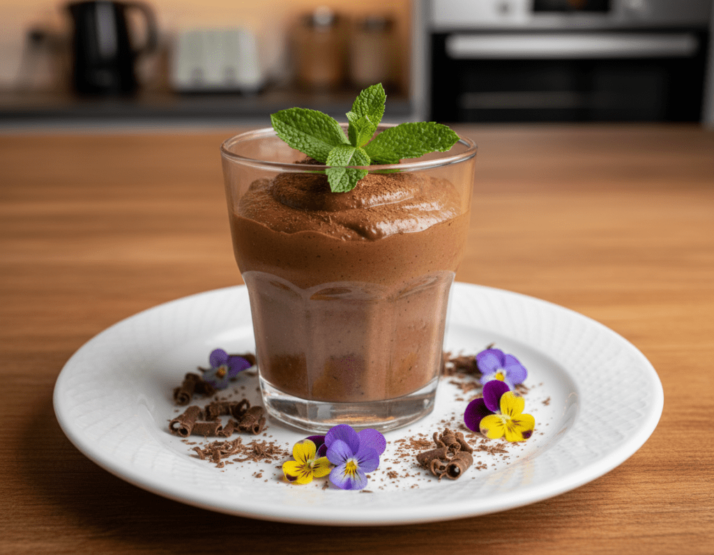 A beautifully arranged plate of thick, creamy vegan chocolate mousse, garnished with fresh mint leaves and a sprinkle of cocoa powder. The foreground features a elegantly crafted dessert glass filled with the rich mousse, showcasing its luscious texture. In the middle ground, there are delicate dark chocolate shavings and small edible flowers, adding a touch of color and sophistication. The background is softly blurred with a wooden kitchen table and subtle hints of a modern kitchen, bathed in warm, inviting lighting. The atmosphere is elegant yet cozy, suggesting the mousse is perfect for special occasions. The angle is slightly overhead, highlighting the delectable layers and presentation of the dessert, inviting viewers to indulge in this vegan treat.