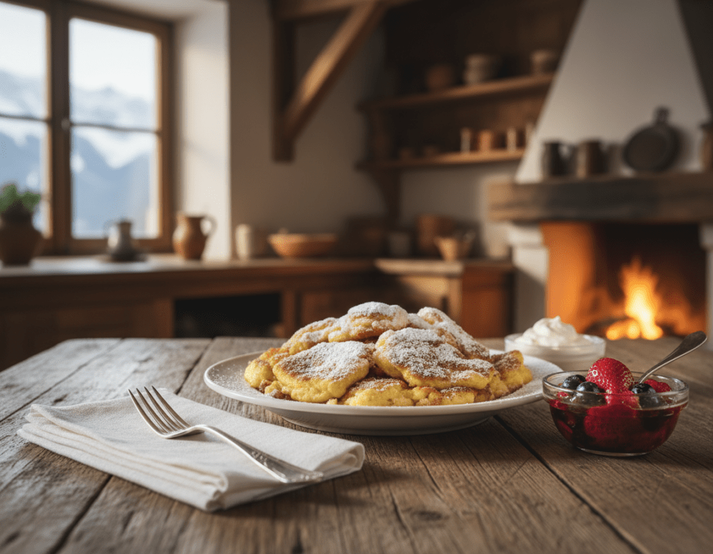 A beautifully arranged plate of traditional Kaiserschmarrn, featuring fluffy, torn pancakes dusted with powdered sugar, and served with a side of fresh fruit compote and whipped cream. In the foreground, a rustic wooden table is adorned with a charming white linen napkin and a fork, conveying a warm and inviting atmosphere. In the middle, the Kaiserschmarrn glistens under soft, natural lighting that highlights its golden-brown edges and fluffy texture. The background showcases a cozy Alpine kitchen with wooden beams, filled with warm light, enhancing the homely, authentic feel of this classic dish. The image captures the essence of culinary tradition, evoking a sense of comfort and nostalgia. A beautifully arranged plate of traditional Kaiserschmarrn, featuring fluffy, torn pancakes dusted with powdered sugar, and served with a side of fresh fruit compote and whipped cream. In the foreground, a rustic wooden table is adorned with a charming white linen napkin and a fork, conveying a warm and inviting atmosphere. In the middle, the Kaiserschmarrn glistens under soft, natural lighting that highlights its golden-brown edges and fluffy texture. The background showcases a cozy Alpine kitchen with wooden beams, filled with warm light, enhancing the homely, authentic feel of this classic dish. The image captures the essence of culinary tradition, evoking a sense of comfort and nostalgia.