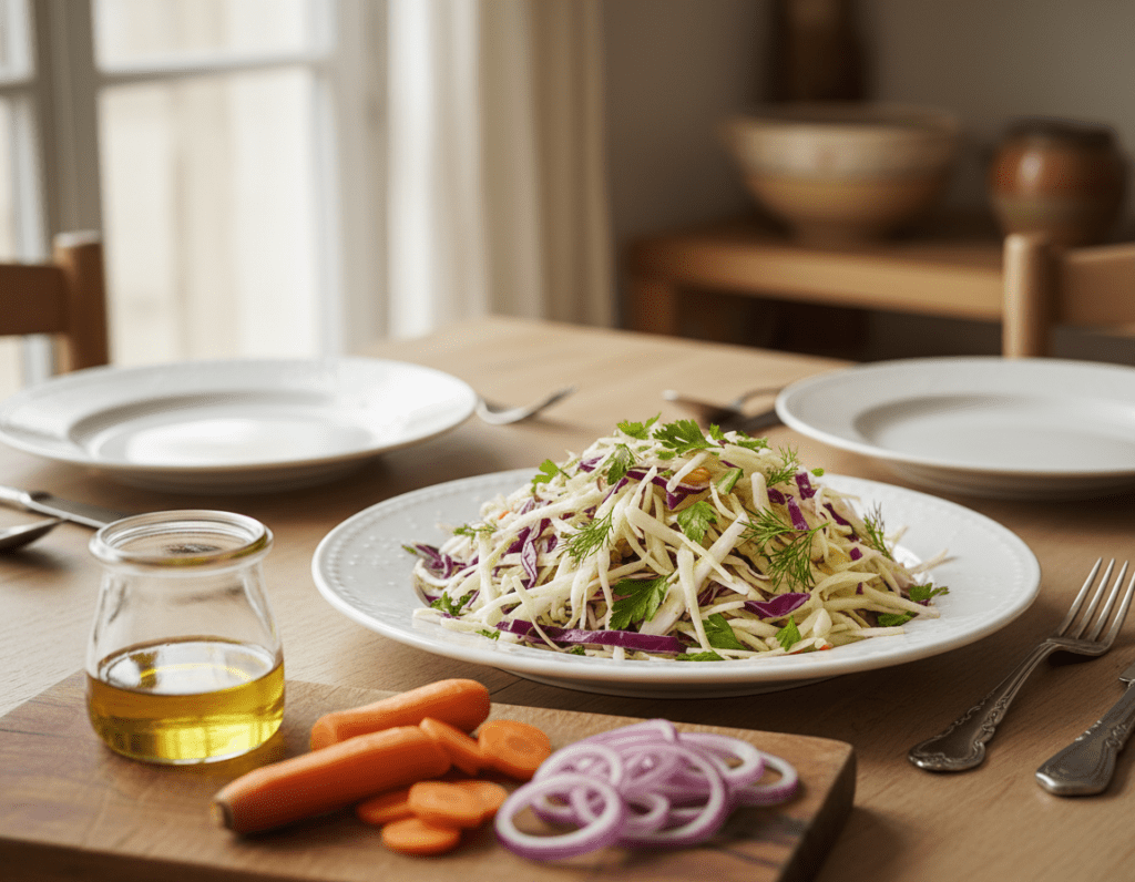 A beautifully arranged plate of traditional Krautsalat, showcasing finely shredded cabbage in vibrant green and purple hues, with a sprinkle of freshly chopped herbs like parsley and dill. In the foreground, a wooden cutting board displays neatly sliced vegetables, such as carrots and red onions, alongside a jar of homemade dressing made from vinegar and olive oil. The middle of the image features an elegantly set dining table with clean white plates and rustic cutlery, evoking a cozy Greek taverna atmosphere. Soft, diffused natural light filters through a nearby window, casting gentle shadows and highlighting the freshness of the ingredients. The background subtly hints at a warm kitchen environment with soft earthy tones, enhancing a welcoming mood focused on creating the perfect Krautsalat while avoiding common preparation mistakes.