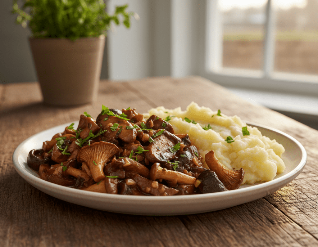 A beautifully arranged plate of vegan mushroom ragout, showcasing a medley of diverse mushrooms such as shiitake, portobello, and oyster, simmered in a rich, flavorful sauce of vegetable broth, garlic, and herbs. In the foreground, the ragout is artfully garnished with fresh parsley and served with a side of creamy mashed potatoes. The vibrant colors of the dish are enhanced by soft, natural lighting that highlights the textures and freshness of the ingredients. The background features a rustic wooden table and a hint of greenery, suggesting a cozy kitchen setting. Capture this scene from a slightly elevated angle to emphasize the dish while creating an inviting atmosphere, perfect for a vegetarian or vegan dining experience.