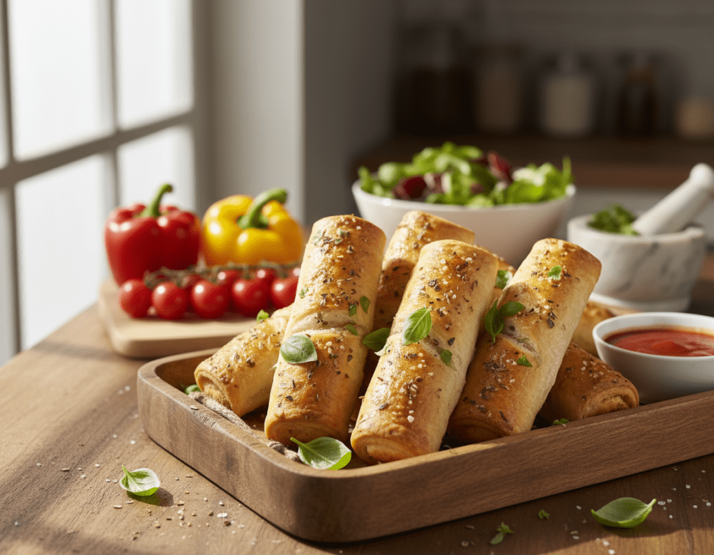 A beautifully arranged plate of vegan pizzastangen, golden-brown and perfectly crispy, garnished with fresh herbs like basil and oregano. The pizzastangen are displayed upright in a rustic wooden serving tray, emphasizing their deliciously flaky texture. In the background, a softly lit kitchen counter adorned with fresh vegetables and vibrant ingredients such as bell peppers and cherry tomatoes hints at the preparation process. Natural light streams in from a nearby window, creating a warm, inviting atmosphere. A slight focus blur enhances the foreground, drawing attention to the pizzastangen while the kitchen setting provides a cozy ambiance. The overall mood is cheerful and appetizing, ideal for showcasing these healthy, plant-based snacks.