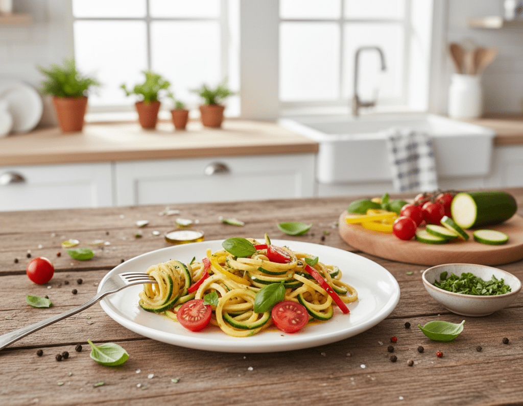 A beautifully arranged plate of zucchini noodles served with a light, colorful sauce, showcasing a variety of fresh vegetables such as cherry tomatoes, bell peppers, and basil leaves. The foreground features the vibrant zucchini noodles elegantly twirled on a rustic wooden table, with a fork poised ready to take a bite. In the middle, a picturesque bowl alongside scattered herbs and a wooden cutting board bearing sliced, freshly cut zucchini and garnishes. The background is softly blurred, depicting a bright kitchen setting with natural light streaming in, illuminating the freshness of the ingredients. The overall atmosphere is warm and inviting, perfect for a quick, healthy meal. The image is shot with a slight overhead angle to capture all elements harmoniously.