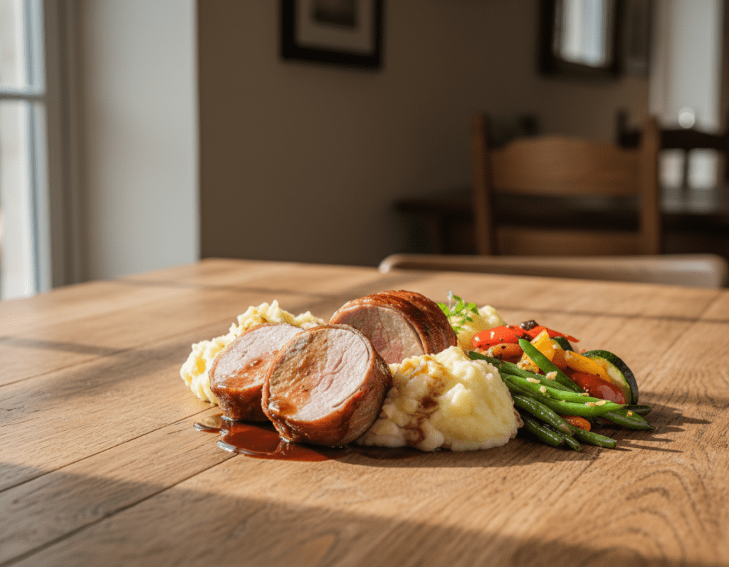 A beautifully arranged plate showcasing Schweinefilet wrapped in bacon, sliced to reveal its juicy interior. Surround the pork with a colorful selection of complementary side dishes: creamy garlic mashed potatoes, fresh sautéed green beans, and a vibrant mix of roasted seasonal vegetables including carrots and bell peppers. In the background, a rustic wooden table adds warmth, illuminated by soft, natural light streaming through a nearby window, creating an inviting atmosphere. The photo is taken from a slightly elevated angle to capture the delectable details of the dish, with a shallow depth of field blurring the background, enhancing the focus on the Schweinefilet and sides. The overall mood is cozy and appetizing, perfect for a delightful dining experience. A beautifully arranged plate showcasing Schweinefilet wrapped in bacon, sliced to reveal its juicy interior. Surround the pork with a colorful selection of complementary side dishes: creamy garlic mashed potatoes, fresh sautéed green beans, and a vibrant mix of roasted seasonal vegetables including carrots and bell peppers. In the background, a rustic wooden table adds warmth, illuminated by soft, natural light streaming through a nearby window, creating an inviting atmosphere. The photo is taken from a slightly elevated angle to capture the delectable details of the dish, with a shallow depth of field blurring the background, enhancing the focus on the Schweinefilet and sides. The overall mood is cozy and appetizing, perfect for a delightful dining experience.