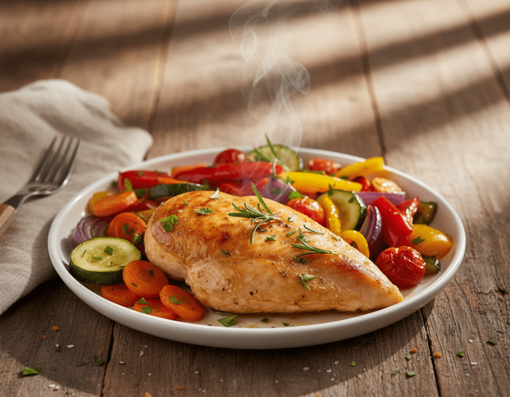 A beautifully arranged plate showcasing baked chicken breast accompanied by an assortment of roasted vegetables. In the foreground, the juicy, golden-brown chicken breast glistens, garnished with fresh herbs. Surrounding it, vibrant vegetables like carrots, bell peppers, zucchini, and red onions are artfully roasted to perfection, their colors bright and appetizing. The middle ground features a rustic wooden table, enhancing the inviting atmosphere of home-cooked comfort food. In the background, soft, warm lighting creates a cozy ambiance, casting gentle shadows that highlight the textures of the dish. The composition is shot from a slightly elevated angle, emphasizing the harmony of flavors and the appealing presentation. The overall mood is warm, inviting, and rich in the essence of a wholesome meal.