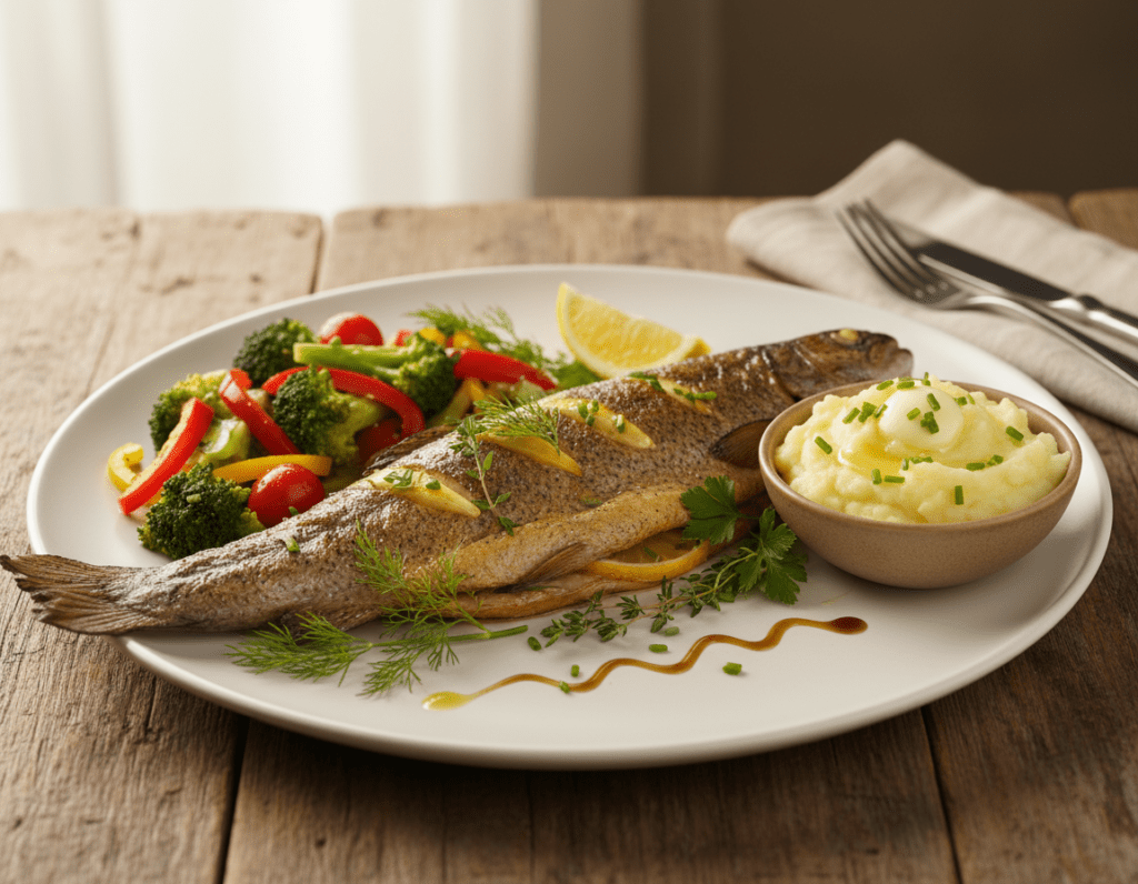 A beautifully arranged plate showcasing oven-baked trout, garnished with vibrant, fresh herbs and slices of lemon. In the foreground, the golden-brown trout is glistening, its skin perfectly crispy, served alongside a colorful medley of sautéed vegetables, such as broccoli, cherry tomatoes, and bell peppers. In the middle ground, a small bowl of fluffy, buttery mashed potatoes complements the dish, while a drizzle of olive oil speaks to its Mediterranean inspiration. The background features a rustic wooden table set with a soft, natural light illuminating the scene, creating an inviting atmosphere. The image captures a warm, homey feel, perfect for a culinary article, highlighting the harmonious combination of flavors that pair beautifully with oven-cooked trout. A beautifully arranged plate showcasing oven-baked trout, garnished with vibrant, fresh herbs and slices of lemon. In the foreground, the golden-brown trout is glistening, its skin perfectly crispy, served alongside a colorful medley of sautéed vegetables, such as broccoli, cherry tomatoes, and bell peppers. In the middle ground, a small bowl of fluffy, buttery mashed potatoes complements the dish, while a drizzle of olive oil speaks to its Mediterranean inspiration. The background features a rustic wooden table set with a soft, natural light illuminating the scene, creating an inviting atmosphere. The image captures a warm, homey feel, perfect for a culinary article, highlighting the harmonious combination of flavors that pair beautifully with oven-cooked trout.