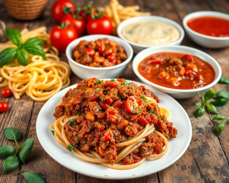 A beautifully arranged plate showcasing three distinct Italian sauces: Ragout, Bolognese, and Sugo. In the foreground, a serving of rich, hearty Bolognese with finely ground meat, tomatoes, and herbs, vibrant and glistening under soft, warm lighting. Beside it, a bowl of traditional Ragout, featuring chunky vegetables and meat simmered to perfection, exuding a rustic charm. In the background, a delicate Sugo sauce, smooth and inviting, made with fresh tomatoes and basil. The scene is set on a rustic wooden table, with scattered pasta, fresh herbs, and tomatoes creating a warm, inviting atmosphere. Use a warm color palette and a shallow depth of field to draw attention to the sauces while keeping the background softly blurred.