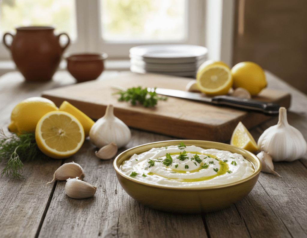 A beautifully arranged platter featuring a classic Greek garlic sauce as the focal point. In the foreground, a small, elegant bowl brimming with creamy, white garlic sauce garnished with fresh parsley and a drizzle of olive oil. Surrounding the bowl are fresh ingredients such as whole garlic cloves, ripe lemons, and sprigs of dill. In the middle ground, a rustic wooden table enhances the homemade feel, with a knife and cutting board hinting at the preparation process. In the background, softly blurred elements of a Mediterranean kitchen, with warm, natural lighting that creates a cozy and inviting atmosphere. The image captures the essence of traditional Greek cuisine, evoking a sense of home and authenticity.