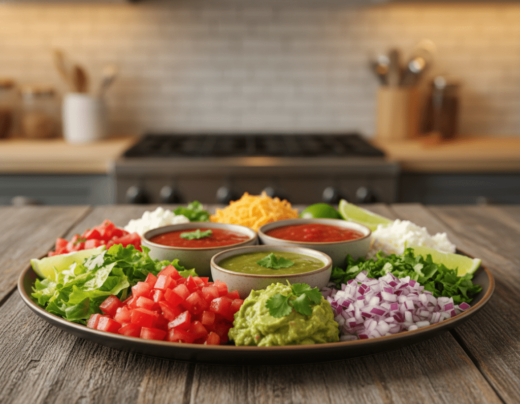 A beautifully arranged platter featuring an array of vibrant taco toppings and accompaniments, positioned on a rustic wooden table. In the foreground, showcase a colorful medley of diced fresh tomatoes, shredded crisp lettuce, finely chopped onions, and a dollop of creamy guacamole, garnished with cilantro. In the middle ground, include bowls of spicy salsa, zesty lime wedges, and a selection of cheeses, such as crumbled feta and shredded cheddar. The background can display a softly blurred kitchen setting, with warm, inviting lighting that highlights the freshness of the toppings. Use a shallow depth of field to emphasize the foreground details, creating a mouthwatering atmosphere that entices the viewer.