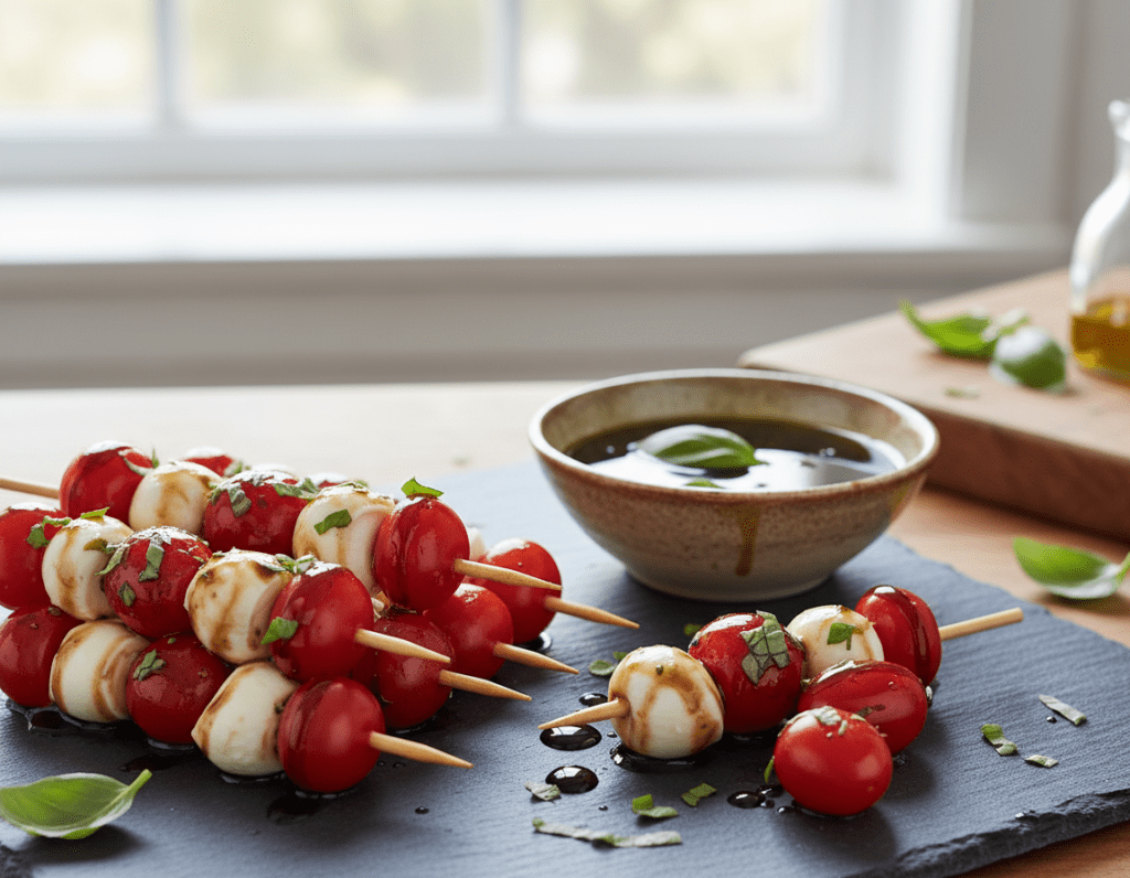A beautifully arranged platter featuring colorful Tomaten Mozzarella Spieße, drizzled with a vibrant marinade of balsamic vinegar and freshly chopped basil. In the foreground, the skewers are artfully displayed, showcasing juicy red cherry tomatoes and creamy white mozzarella balls, glistening with the marinade. The middle ground includes a small bowl of the marinade, garnished with sprigs of basil and a drizzle of olive oil. The background features a softly blurred kitchen setting, with natural light streaming through a window, creating a warm and inviting atmosphere. The image should convey a sense of freshness and culinary delight, perfect for an instructional guide on enhancing flavors through marinades.