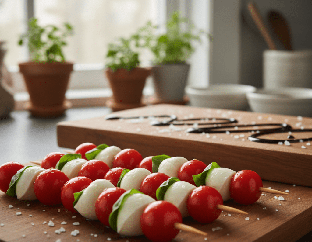 A beautifully arranged platter featuring colorful tomato and mozzarella skewers, captured with a shallow depth of field to emphasize the vibrant colors and textures. In the foreground, highlight the skewers with glistening cherry tomatoes and soft, creamy mozzarella balls alternating on bamboo sticks, garnished with fresh basil leaves. The middle ground includes a wooden cutting board sprinkled with coarse sea salt and a drizzle of balsamic glaze, enhancing the gourmet presentation. In the background, softly blurred kitchen elements create a warm, inviting atmosphere, with natural light illuminating the scene from a nearby window, casting gentle shadows. The overall mood is fresh and appetizing, showcasing an elegant yet simple way of presenting tomato mozzarella skewers.