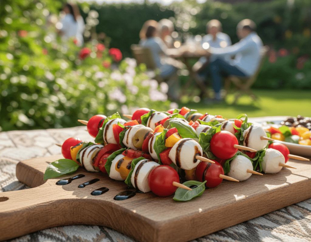 A beautifully arranged platter featuring colorful tomato and mozzarella skewers, garnished with fresh basil leaves and a drizzle of balsamic reduction. In the foreground, the vibrant skewers showcase alternating cherry tomatoes and mozzarella balls, enhanced with an assortment of additional ingredients like olives, arugula, and bell peppers. Soft, natural lighting illuminates the scene, casting gentle shadows to create depth. The middle ground includes a rustic wooden serving board that complements the fresh ingredients, adding warmth. In the background, a blurred garden setting hints at a summer gathering, enhancing the inviting atmosphere. The overall mood is fresh, vibrant, and appetizing, perfect for showcasing a delicious Mediterranean-inspired dish.
