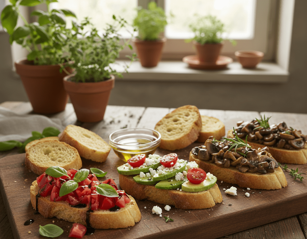 A beautifully arranged platter of Bruschetta variations, showcasing an array of colorful toppings. In the foreground, focus on three different types: one topped with diced tomatoes, basil, and balsamic glaze; another with creamy avocado, feta cheese, and cherry tomatoes; and the third featuring a savory mushroom mix with herbs. The middle ground includes rustic, freshly baked bread slices, some toasted to golden perfection. In the background, softly blurred, a sunlit Italian kitchen setting with herbs in pots and a wooden table adds warmth. The lighting is natural, bright and inviting, creating a cozy atmosphere. Capture this scene with a slight top-down angle to emphasize the vibrant colors and textures of the ingredients, inviting viewers to explore the creative variations of traditional Bruschetta. A beautifully arranged platter of Bruschetta variations, showcasing an array of colorful toppings. In the foreground, focus on three different types: one topped with diced tomatoes, basil, and balsamic glaze; another with creamy avocado, feta cheese, and cherry tomatoes; and the third featuring a savory mushroom mix with herbs. The middle ground includes rustic, freshly baked bread slices, some toasted to golden perfection. In the background, softly blurred, a sunlit Italian kitchen setting with herbs in pots and a wooden table adds warmth. The lighting is natural, bright and inviting, creating a cozy atmosphere. Capture this scene with a slight top-down angle to emphasize the vibrant colors and textures of the ingredients, inviting viewers to explore the creative variations of traditional Bruschetta.