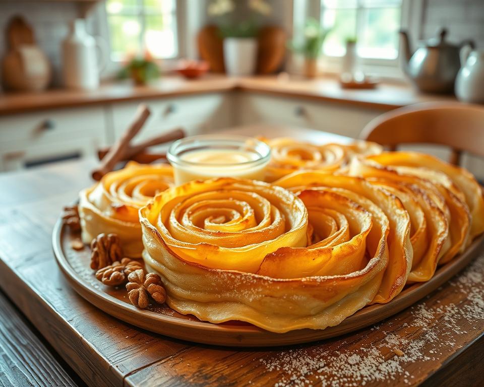 A beautifully arranged platter of Filoteig, showcasing its delicate, flaky pastry layers, is placed on a rustic wooden table. The foreground features a golden-brown, spiraled pie, glistening with a light drizzle of honey, surrounded by fresh walnuts and a scattering of powdered sugar. In the middle ground, a small bowl holds a creamy custard, along with whole almonds and fragrant cinnamon sticks, emphasizing the traditional ingredients. The background is softly blurred, revealing a charming kitchen setting with warm, natural light streaming in from a nearby window, enhancing the inviting atmosphere. Use a shallow depth of field to draw attention to the textures of the Filoteig while keeping a cozy, homey vibe.