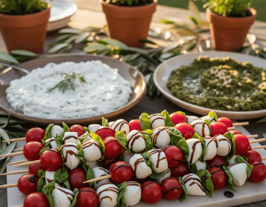 A beautifully arranged platter of Mediterranean skewers featuring vibrant cherry tomatoes and fresh mozzarella balls, garnished with basil leaves and drizzled with balsamic glaze. In the foreground, focus on the skewers, capturing their colorful and appetizing nature. In the middle, include rustic serving platters with an assortment of dips: a creamy tzatziki and a rich pesto. The background features a softly blurred table setting adorned with natural elements like olive branches and terracotta accents. The lighting is warm and inviting, suggesting an outdoor summer gathering, with golden hour tones that enhance the freshness of the ingredients. The mood is laid-back yet elegant, perfect for entertaining guests at a casual garden party. The composition should be inviting and visually striking, with no text or distractions.
