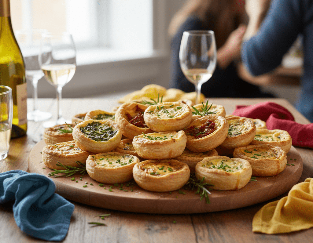 A beautifully arranged platter of Mini-Quiches in flaky puff pastry, showcasing a variety of fillings such as spinach, cheese, and sun-dried tomatoes. The foreground features several golden-brown quiches, their shiny tops glistening with a light egg wash, nestled among vibrant fresh herbs for a pop of color. In the middle ground, a rustic wooden table enhances the inviting presentation, surrounded by festive decorations like colorful napkins and elegant wine glasses. Soft, natural lighting floods the scene, casting gentle shadows that highlight the textures of the quiches. The background is softly blurred, suggesting a lively party atmosphere with indistinct chatter and laughter, evoking a warm, inviting mood perfect for social gatherings.