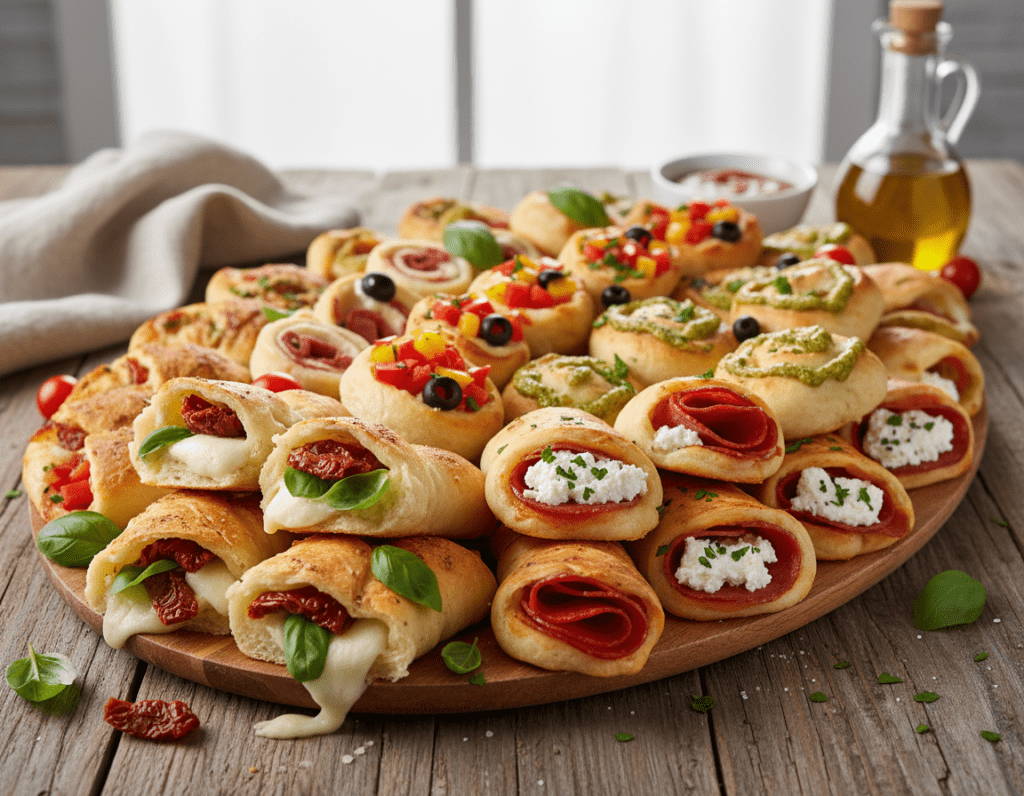 A beautifully arranged platter of Pizzastangen, showcasing various delicious fillings and toppings. In the foreground, focus on golden-brown pizzastangen filled with gooey mozzarella cheese, fresh basil, and sun-dried tomatoes. Next to them, pizzastangen bursting with spicy pepperoni and creamy ricotta, garnished with herbs. In the middle ground, display a few pizzastangen topped with colorful bell peppers, olives, and a drizzle of pesto. The background features a rustic wooden table, softly lit by natural daylight, creating a warm and inviting atmosphere. The scene captures the essence of homemade Italian cuisine, emphasizing freshness and mouth-watering appeal. A shallow depth of field helps to emphasize the details of the pizzastangen, evoking a cozy, culinary delight.