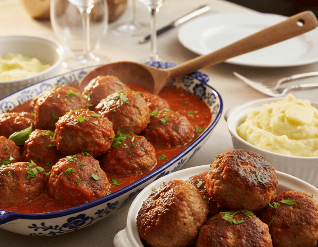 A beautifully arranged platter of Swedish meatballs (Hackbällchen) in rich, vibrant tomato sauce, garnished with fresh herbs such as parsley and basil. In the foreground, the meatballs are glistening, showcasing their golden-brown exterior, with a smooth tomato sauce accentuating their texture. The middle ground features an elegant serving dish, decorated with a rustic wooden spoon, and a small bowl of creamy mashed potatoes on the side. In the background, a softly lit dining table is set with elegant dinnerware and glasses, enhancing the inviting atmosphere. The scene is warmly lit, creating a cozy and festive mood, ideal for various occasions. The angle is slightly elevated, providing a comprehensive view of the enticing spread. A beautifully arranged platter of Swedish meatballs (Hackbällchen) in rich, vibrant tomato sauce, garnished with fresh herbs such as parsley and basil. In the foreground, the meatballs are glistening, showcasing their golden-brown exterior, with a smooth tomato sauce accentuating their texture. The middle ground features an elegant serving dish, decorated with a rustic wooden spoon, and a small bowl of creamy mashed potatoes on the side. In the background, a softly lit dining table is set with elegant dinnerware and glasses, enhancing the inviting atmosphere. The scene is warmly lit, creating a cozy and festive mood, ideal for various occasions. The angle is slightly elevated, providing a comprehensive view of the enticing spread.