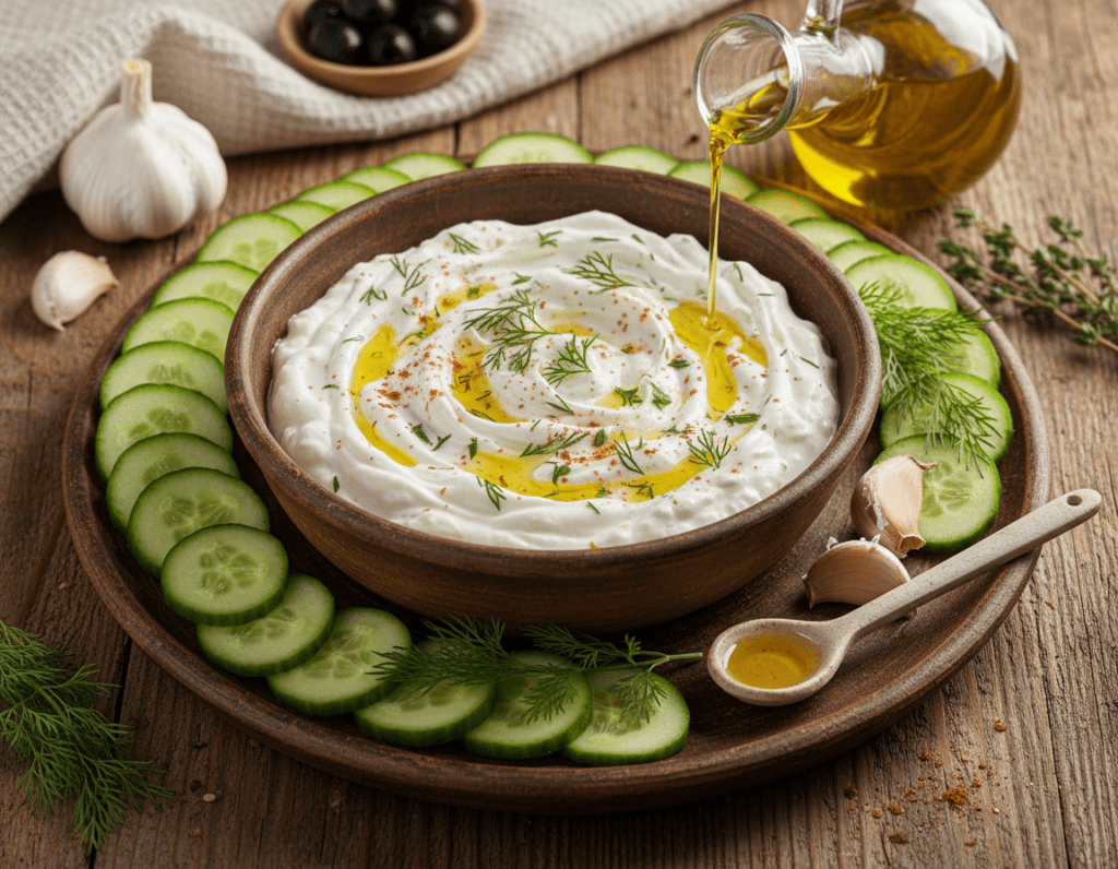 A beautifully arranged platter of authentic Greek tzatziki, featuring a creamy, textured dip in a rustic bowl, surrounded by fresh ingredients. In the foreground, vibrant cucumbers are meticulously sliced, with a hint of garlic cloves and sprigs of dill nearby. The middle ground includes a scattering of olive oil and a sprinkle of paprika, adding warmth to the composition. The background showcases a wooden table surface with subtle Mediterranean elements, like a hint of thyme and a soft linen cloth. Natural, warm lighting highlights the freshness of the ingredients, casting gentle shadows. The perspective is slightly overhead, capturing the inviting essence and traditional vibes of preparing authentic tzatziki, evoking a sense of authentic Greek culinary artistry. A beautifully arranged platter of authentic Greek tzatziki, featuring a creamy, textured dip in a rustic bowl, surrounded by fresh ingredients. In the foreground, vibrant cucumbers are meticulously sliced, with a hint of garlic cloves and sprigs of dill nearby. The middle ground includes a scattering of olive oil and a sprinkle of paprika, adding warmth to the composition. The background showcases a wooden table surface with subtle Mediterranean elements, like a hint of thyme and a soft linen cloth. Natural, warm lighting highlights the freshness of the ingredients, casting gentle shadows. The perspective is slightly overhead, capturing the inviting essence and traditional vibes of preparing authentic tzatziki, evoking a sense of authentic Greek culinary artistry.