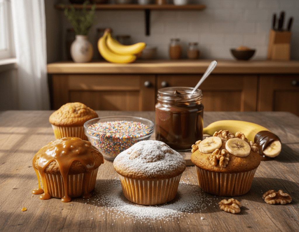 A beautifully arranged platter of banana muffins topped with various delectable styles of icing and garnishes. In the foreground, showcase three freshly baked banana muffins: one with a creamy caramel glaze, another dusted with powdered sugar, and the third adorned with chopped walnuts and sliced bananas. The middle ground features a small bowl of colorful sprinkles, a jar of rich chocolate spread, and a banana slice decorated with chocolate drizzle. In the background, a softly lit kitchen setting hints at warmth, with wooden countertops and a vase of fresh bananas. Natural sunlight filters in, casting gentle shadows, creating a cozy and inviting atmosphere that emphasizes the deliciousness of homemade desserts.