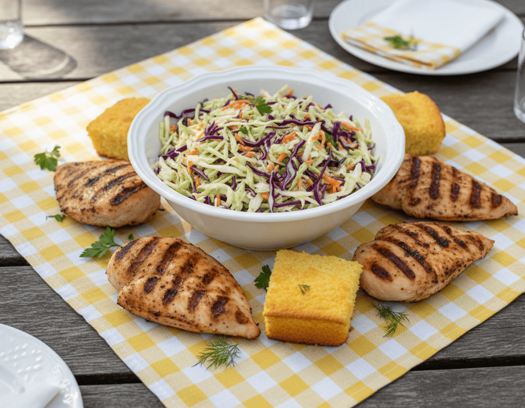 A beautifully arranged platter of coleslaw served in an elegant white bowl, showcasing a variety of colorful ingredients like shredded green cabbage, vibrant purple cabbage, and carrots. Surround the bowl with complementary side dishes like grilled chicken, fresh cornbread, and a sprinkle of fresh herbs for garnish. In the background, a rustic wooden picnic table is adorned with cheerful yellow and white checkered tablecloth, creating a warm and inviting atmosphere. Soft, natural daylight filters through, casting gentle shadows and highlighting the freshness of the ingredients. Capture the scene from a slight overhead angle, ensuring a balanced composition that emphasizes the textures and colors. The mood is cheerful and rustic, perfect for a summer gathering or family meal. A beautifully arranged platter of coleslaw served in an elegant white bowl, showcasing a variety of colorful ingredients like shredded green cabbage, vibrant purple cabbage, and carrots. Surround the bowl with complementary side dishes like grilled chicken, fresh cornbread, and a sprinkle of fresh herbs for garnish. In the background, a rustic wooden picnic table is adorned with cheerful yellow and white checkered tablecloth, creating a warm and inviting atmosphere. Soft, natural daylight filters through, casting gentle shadows and highlighting the freshness of the ingredients. Capture the scene from a slight overhead angle, ensuring a balanced composition that emphasizes the textures and colors. The mood is cheerful and rustic, perfect for a summer gathering or family meal.