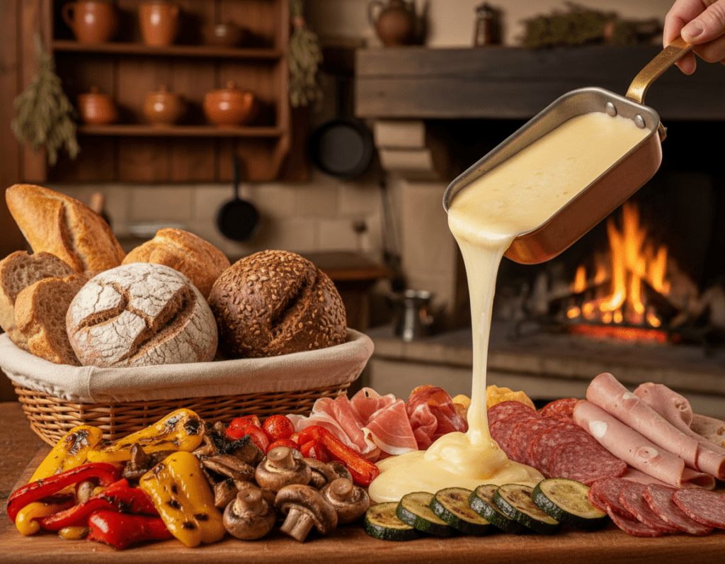 A beautifully arranged platter of raclette accompaniments, featuring a variety of colorful and fresh vegetables like bell peppers, mushrooms, and zucchini. Add slices of deli meats such as prosciutto and salami, and include artisanal breads like crusty baguette, rye, and rustic sourdough, elegantly displayed on a wooden board. The foreground showcases melted cheese cascading over the vegetables and meats, invitingly positioned. In the middle, soft lighting enhances the warm tones of the ingredients, creating an inviting atmosphere. The background should include a rustic kitchen setting with wooden shelves and a soft-focus fireplace to provide a cozy ambiance. The image is shot from a slightly elevated angle to capture the depth and texture of the food, evoking a sense of warmth and comfort perfect for a festive meal.