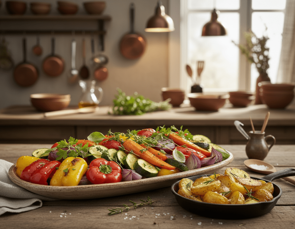 A beautifully arranged platter of roasted vegetables, showcasing an array of colorful bell peppers, zucchini, carrots, and red onions, garnished with fresh herbs. The vegetables are glistening with a light drizzle of olive oil, emphasizing their vibrant colors. In the foreground, include a serving of crispy golden-brown roasted potatoes, perfectly seasoned. The setting is a rustic wooden table, set against a cozy kitchen background with soft, warm lighting that creates an inviting atmosphere. The angle is slightly overhead to capture the full beauty of the dish, with a blurred focus on kitchen utensils and herbs in the background, enhancing the mood of home-cooked warmth and deliciousness. A beautifully arranged platter of roasted vegetables, showcasing an array of colorful bell peppers, zucchini, carrots, and red onions, garnished with fresh herbs. The vegetables are glistening with a light drizzle of olive oil, emphasizing their vibrant colors. In the foreground, include a serving of crispy golden-brown roasted potatoes, perfectly seasoned. The setting is a rustic wooden table, set against a cozy kitchen background with soft, warm lighting that creates an inviting atmosphere. The angle is slightly overhead to capture the full beauty of the dish, with a blurred focus on kitchen utensils and herbs in the background, enhancing the mood of home-cooked warmth and deliciousness.