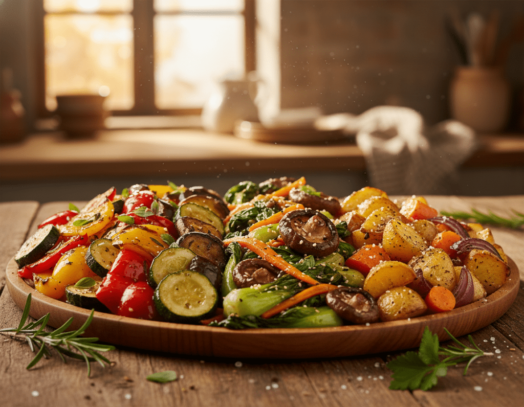 A beautifully arranged platter of roasted vegetables, showcasing three distinct variations: Mediterranean with vibrant bell peppers, zucchini, and eggplant drizzled in olive oil and herbs; Asian-style featuring bok choy, carrots, and shiitake mushrooms with a hint of sesame; and classic German with hearty potatoes, carrots, and onions, seasoned with salt and pepper. In the foreground, the vegetables glisten with a golden-brown hue, freshly out of the oven. The middle ground includes a rustic wooden table setting, adorned with fresh herbs and a few sprigs of rosemary. The background softly blurs the warm kitchen ambiance with gentle, natural lighting pouring in from a window, creating a cozy and inviting atmosphere. Captured with a shallow depth of field to emphasize the vibrant colors and textures of the vegetables. A beautifully arranged platter of roasted vegetables, showcasing three distinct variations: Mediterranean with vibrant bell peppers, zucchini, and eggplant drizzled in olive oil and herbs; Asian-style featuring bok choy, carrots, and shiitake mushrooms with a hint of sesame; and classic German with hearty potatoes, carrots, and onions, seasoned with salt and pepper. In the foreground, the vegetables glisten with a golden-brown hue, freshly out of the oven. The middle ground includes a rustic wooden table setting, adorned with fresh herbs and a few sprigs of rosemary. The background softly blurs the warm kitchen ambiance with gentle, natural lighting pouring in from a window, creating a cozy and inviting atmosphere. Captured with a shallow depth of field to emphasize the vibrant colors and textures of the vegetables.