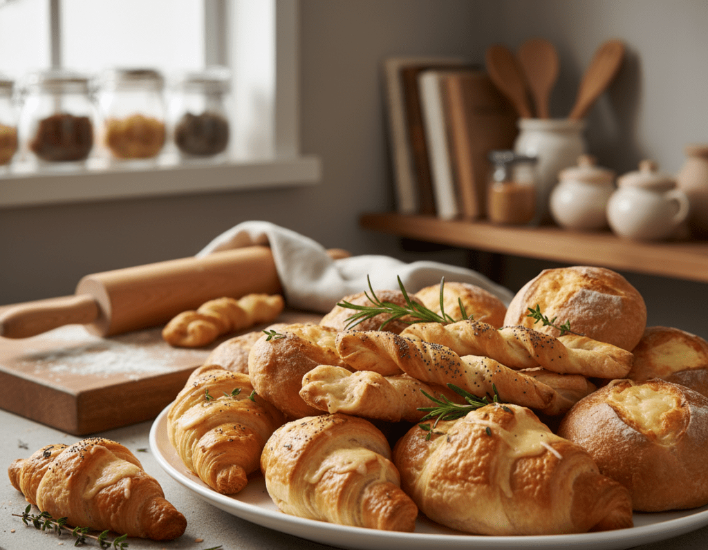 A beautifully arranged platter of savory cheese pastries, showcasing a variety of textures and shapes, including flaky cheese croissants, golden-brown cheese twists, and rustic cheese-filled buns. In the foreground, focus on the pastries glistening with melted cheese, sprinkled with herbs like rosemary and thyme for a touch of color. The middle ground features a wooden cutting board with a rolling pin and scattered flour, evoking a homey baking atmosphere. Soft, warm lighting enhances the inviting feel of the scene, casting gentle shadows and highlighting the details of the pastries. In the background, a cozy kitchen setting can be suggested with blurred shelves of cooking utensils and jars, creating a sense of comfort and culinary creativity. The mood is warm and welcoming, ideal for a kitchen preparing everyday baked goods.