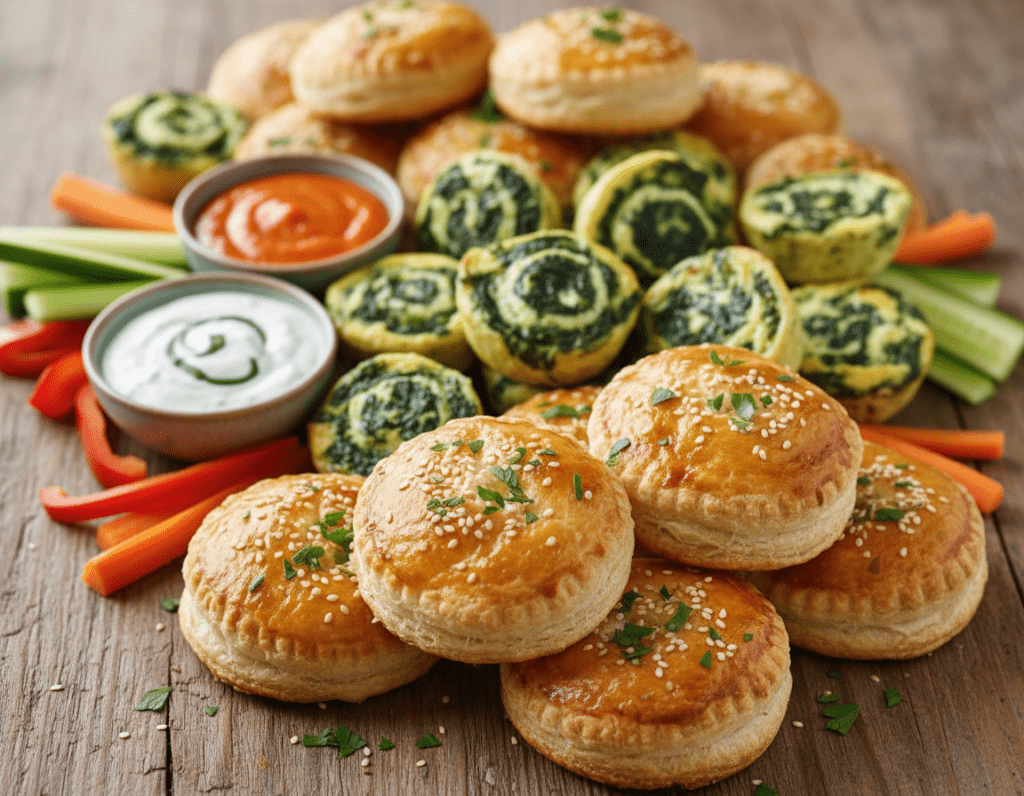 A beautifully arranged platter of savory puff pastry finger foods, featuring a variety of delicious items such as cheese-filled pastries, spinach and feta bites, and herb-seasoned mini quiches. In the foreground, focus on golden, flaky pastries with a glossy finish, garnished with fresh parsley and sesame seeds. The middle showcases a vibrant selection of colorful dips and sauces, including a spicy aioli and a tangy yogurt dip, surrounded by fresh vegetables. In the background, softly blurred, a rustic wooden table adds warmth to the scene. Bring in soft, natural lighting that enhances the rich textures and colors of the food, creating an inviting and appetizing atmosphere. Use a slight top-down angle to capture the intricate details of the individual pieces while keeping the composition simple and elegant.