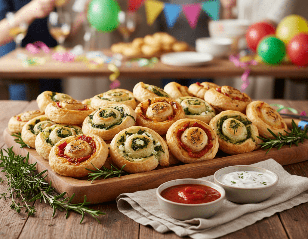 A beautifully arranged platter of savory puff pastry spirals, or "Blätterteig Schnecken," showcasing a variety of enticing fillings such as spinach and cheese, sun-dried tomatoes, and herbs. The pastries are golden brown, flaky, and spiraled, slightly glistening with a light glaze. In the foreground, there's a neatly folded napkin and small dipping bowls with sauces. The middle ground features the platter, elegantly presented on a rustic wooden table, with fresh herbs sprinkled around for garnish. Soft, warm ambient lighting enhances the inviting atmosphere, with a blurred background of a festive party setting, complete with colorful decorations. The overall mood is cheerful and appetizing, perfect for a buffet or celebration.
