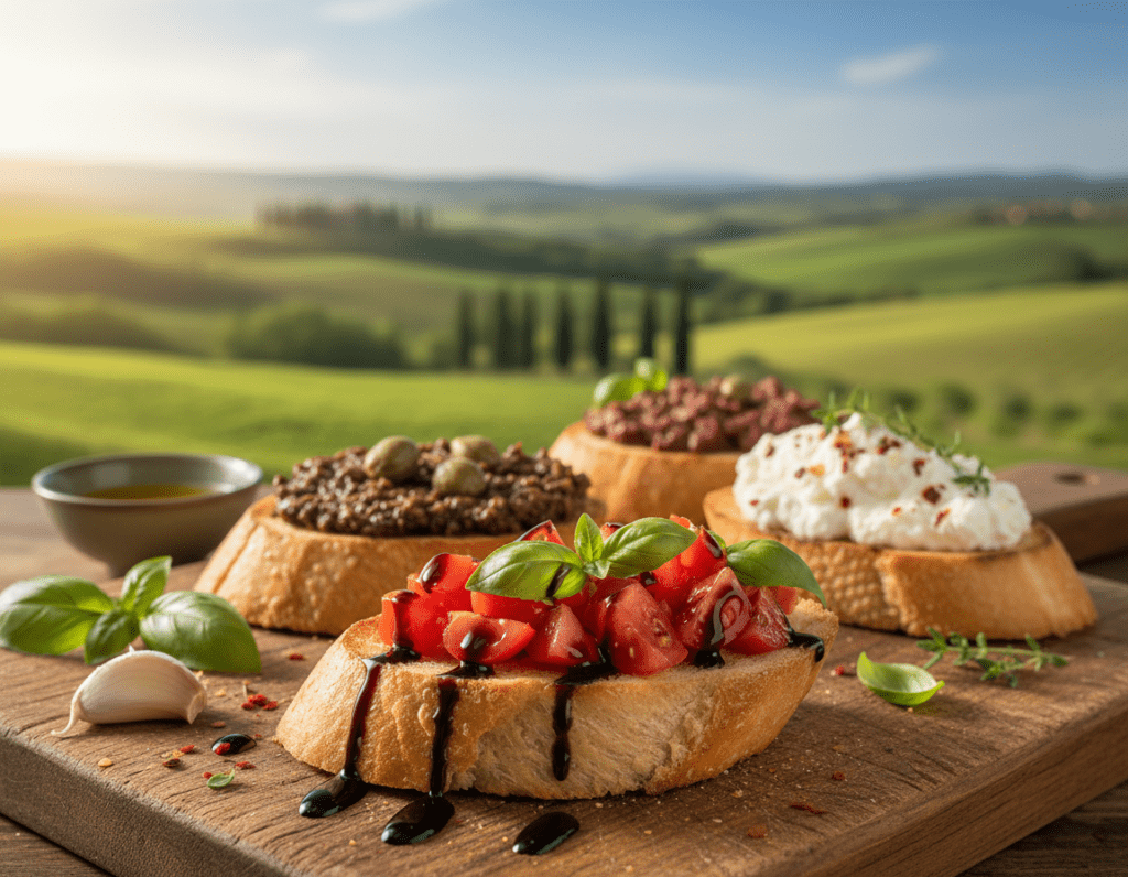 A beautifully arranged platter of traditional Italian bruschetta, showcasing a variety of toppings. In the foreground, a slice of toasted baguette is garnished with diced ripe tomatoes, fresh basil leaves, and a drizzle of balsamic glaze. The middle ground features additional bruschetta variations, such as olive tapenade and creamy ricotta, artfully displayed on a rustic wooden cutting board. The background includes a softly blurred Italian countryside with rolling hills and a blue sky, creating a warm, inviting atmosphere. Natural sunlight filters in from the left, casting gentle shadows and enhancing the vibrant colors of the fresh ingredients. The composition is shot at an angle, using a shallow depth of field to draw focus to the bruschetta, evoking a cozy, authentic Italian cooking experience. A beautifully arranged platter of traditional Italian bruschetta, showcasing a variety of toppings. In the foreground, a slice of toasted baguette is garnished with diced ripe tomatoes, fresh basil leaves, and a drizzle of balsamic glaze. The middle ground features additional bruschetta variations, such as olive tapenade and creamy ricotta, artfully displayed on a rustic wooden cutting board. The background includes a softly blurred Italian countryside with rolling hills and a blue sky, creating a warm, inviting atmosphere. Natural sunlight filters in from the left, casting gentle shadows and enhancing the vibrant colors of the fresh ingredients. The composition is shot at an angle, using a shallow depth of field to draw focus to the bruschetta, evoking a cozy, authentic Italian cooking experience.