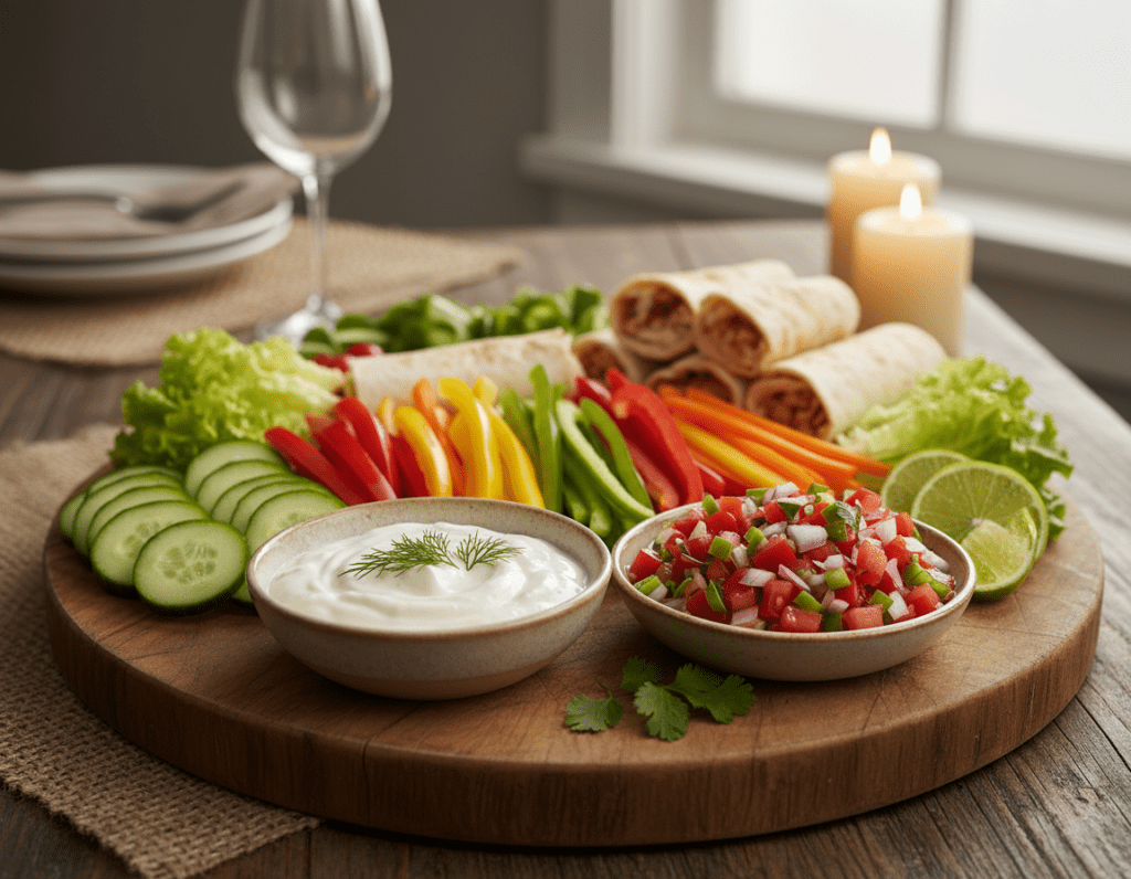 A beautifully arranged platter of various side dishes and dips that complement chicken wraps, showcasing vibrant colors and fresh ingredients. In the foreground, a bowl of creamy garlic yogurt dip with a sprig of dill on top, alongside a small dish of tangy salsa loaded with fresh tomatoes and herbs. In the middle, slices of crispy cucumber, vibrant bell peppers, and crunchy lettuce leaves neatly organized for dipping. The background features a rustic wooden table setting with warm ambient lighting, highlighting the textures and colors of the food. A soft focus on the background enhances the inviting atmosphere. Ideal for illustrating the delightful pairings served alongside chicken wraps.