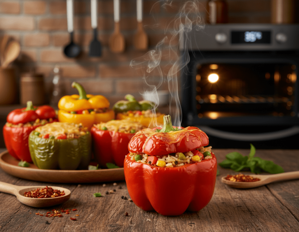 A beautifully arranged platter of vibrant, stuffed bell peppers, each filled with a savory mixture of rice, spices, and vegetables. In the foreground, showcase a close-up of one of the peppers with steam rising from it, emphasizing its freshly baked, golden top. The middle ground features an assortment of peppers in bright colors—red, yellow, and green—perfectly roasted with a slight char, arranged on a rustic wooden kitchen table. In the background, include a softly blurred kitchen setting with an oven displaying a temperature dial set to the optimal cooking temperature for filled peppers. Bright, warm lighting creates a cozy, inviting atmosphere, suggesting home-cooked comfort. The angle is from a slightly elevated view, focusing on the deliciousness of the dish while keeping everything else softly out of focus.