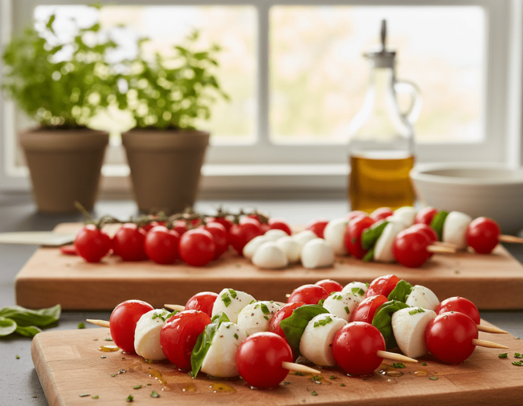 A beautifully arranged platter of vibrant tomato and mozzarella skewers, showcasing fresh ingredients. In the foreground, the skewers are prominently displayed, glistening with a drizzle of olive oil and sprinkled with fresh basil, capturing the essence of a summer gathering. In the middle ground, a rustic wooden cutting board holds additional skewers in various stages of preparation, surrounded by cherry tomatoes and balls of mozzarella ready to be assembled. In the background, softly blurred kitchen elements such as fresh herbs and a bright window allow warm, natural light to filter through, creating a cheerful and inviting atmosphere. The scene conveys a sense of careful planning and preparation, perfect for an article about timing and execution for homemade tomato mozzarella skewers. The focus should remain on the food, celebrating the freshness and simplicity of the ingredients.
