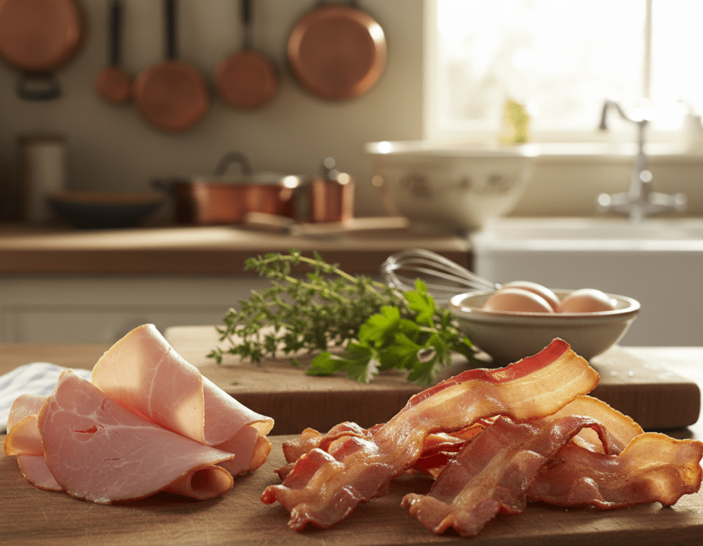 A beautifully arranged platter showcasing a selection of high-quality bacon and ham, specifically chosen for Quiche Lorraine. In the foreground, glistening strips of crispy, golden-brown bacon laid in an appealing fan shape, with a few pieces gently overlapping to highlight their texture. Beside it, delicately sliced pieces of rich, smoked ham, showcasing a deep pink color and glistening with a hint of fat. In the middle ground, there are subtle kitchen elements, like a wooden cutting board and a few fresh herbs for garnish, elegantly prepared. The background features a soft-focus kitchen environment, bathed in warm, inviting light that suggests a cozy, home-cooked atmosphere. The angle is slightly above eye level, providing a comprehensive view of the ingredients while maintaining a harmonious and appetizing composition.