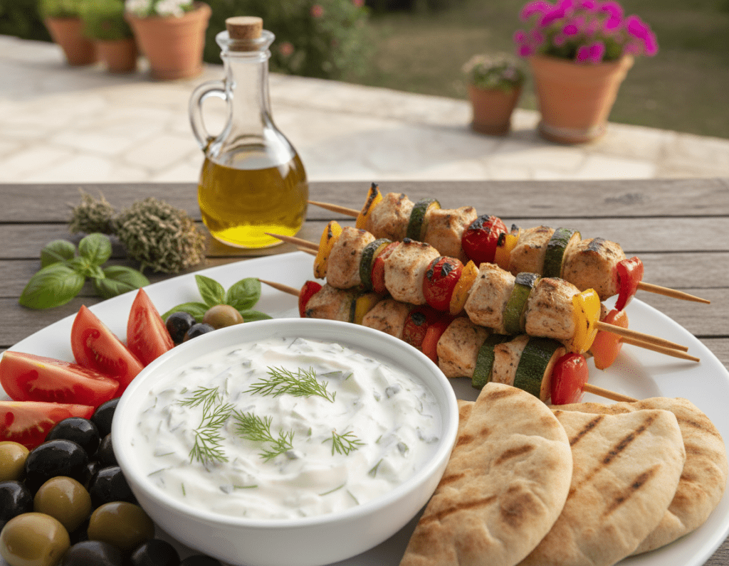 A beautifully arranged platter showcasing traditional Greek Tzatziki, emphasizing its creamy, yogurt-based texture with fresh cucumbers and dill. In the foreground, a small bowl of Tzatziki surrounded by colorful sides: sliced pita bread, vine-ripened tomatoes, and olives. In the middle ground, grilled skewers of chicken and vegetables elegantly displayed, highlighting the perfect pairing with Tzatziki. The background features a rustic wooden table with a subtle hint of Mediterranean herbs, olive oil, and a soft-focus view of a sunlit outdoor garden, evoking a warm, inviting atmosphere. The lighting is soft and natural, creating a fresh and vibrant look that enhances the colors of the ingredients. The angle is slightly overhead, encapsulating the essence of a shared meal. A beautifully arranged platter showcasing traditional Greek Tzatziki, emphasizing its creamy, yogurt-based texture with fresh cucumbers and dill. In the foreground, a small bowl of Tzatziki surrounded by colorful sides: sliced pita bread, vine-ripened tomatoes, and olives. In the middle ground, grilled skewers of chicken and vegetables elegantly displayed, highlighting the perfect pairing with Tzatziki. The background features a rustic wooden table with a subtle hint of Mediterranean herbs, olive oil, and a soft-focus view of a sunlit outdoor garden, evoking a warm, inviting atmosphere. The lighting is soft and natural, creating a fresh and vibrant look that enhances the colors of the ingredients. The angle is slightly overhead, encapsulating the essence of a shared meal.