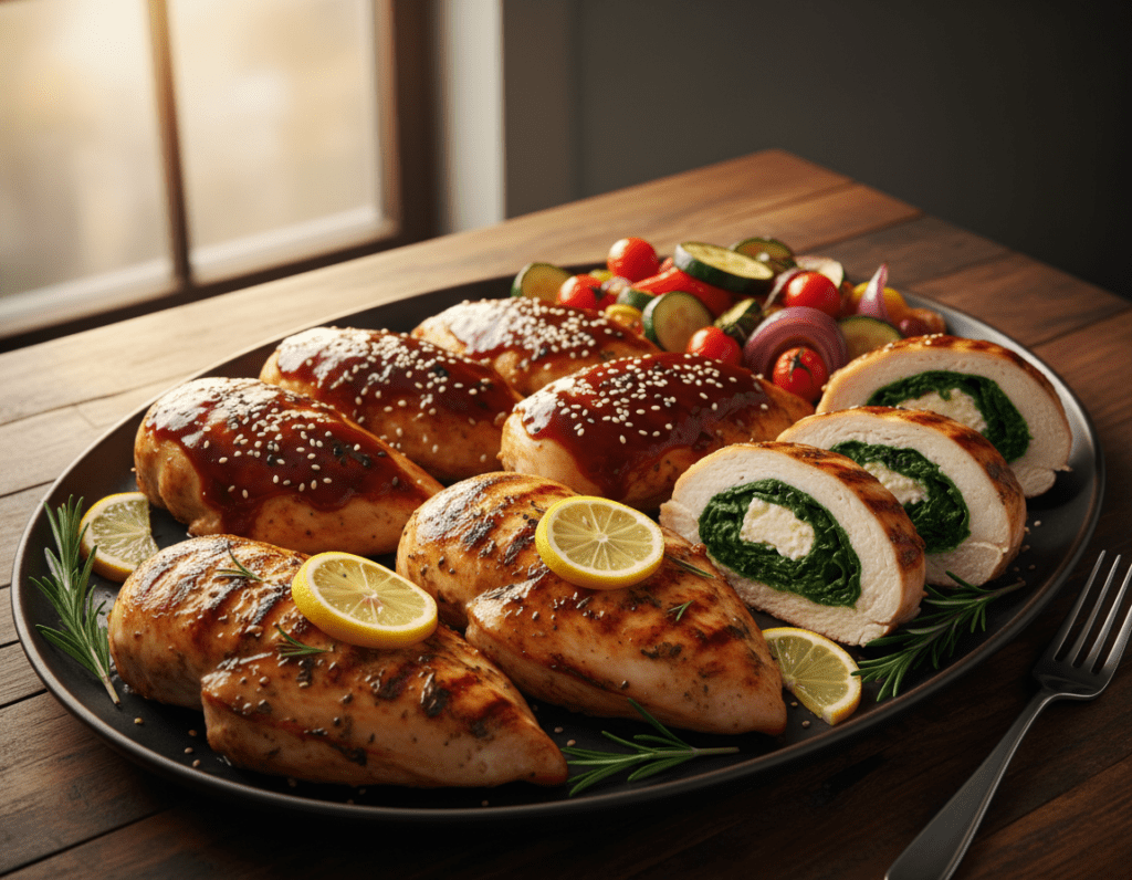 A beautifully arranged platter showcasing various creative chicken breast variations. In the foreground, include expertly grilled chicken breasts with a glistening herb marinade, garnished with fresh rosemary and lemon slices. Beside them, feature chicken breasts stuffed with spinach and feta, elegantly cut to reveal the colorful filling. In the middle ground, display chicken breasts prepared in a tangy barbecue glaze, covered in sesame seeds, with a side of vibrant roasted vegetables. In the background, a rustic wooden table setting, softly lit by warm, natural light from a window, enhancing the appetizing colors of the food. Capture the scene from a slight overhead angle to highlight the textures and presentation. Overall, the mood should be inviting and vibrant, evoking a sense of culinary creativity and warmth. A beautifully arranged platter showcasing various creative chicken breast variations. In the foreground, include expertly grilled chicken breasts with a glistening herb marinade, garnished with fresh rosemary and lemon slices. Beside them, feature chicken breasts stuffed with spinach and feta, elegantly cut to reveal the colorful filling. In the middle ground, display chicken breasts prepared in a tangy barbecue glaze, covered in sesame seeds, with a side of vibrant roasted vegetables. In the background, a rustic wooden table setting, softly lit by warm, natural light from a window, enhancing the appetizing colors of the food. Capture the scene from a slight overhead angle to highlight the textures and presentation. Overall, the mood should be inviting and vibrant, evoking a sense of culinary creativity and warmth.