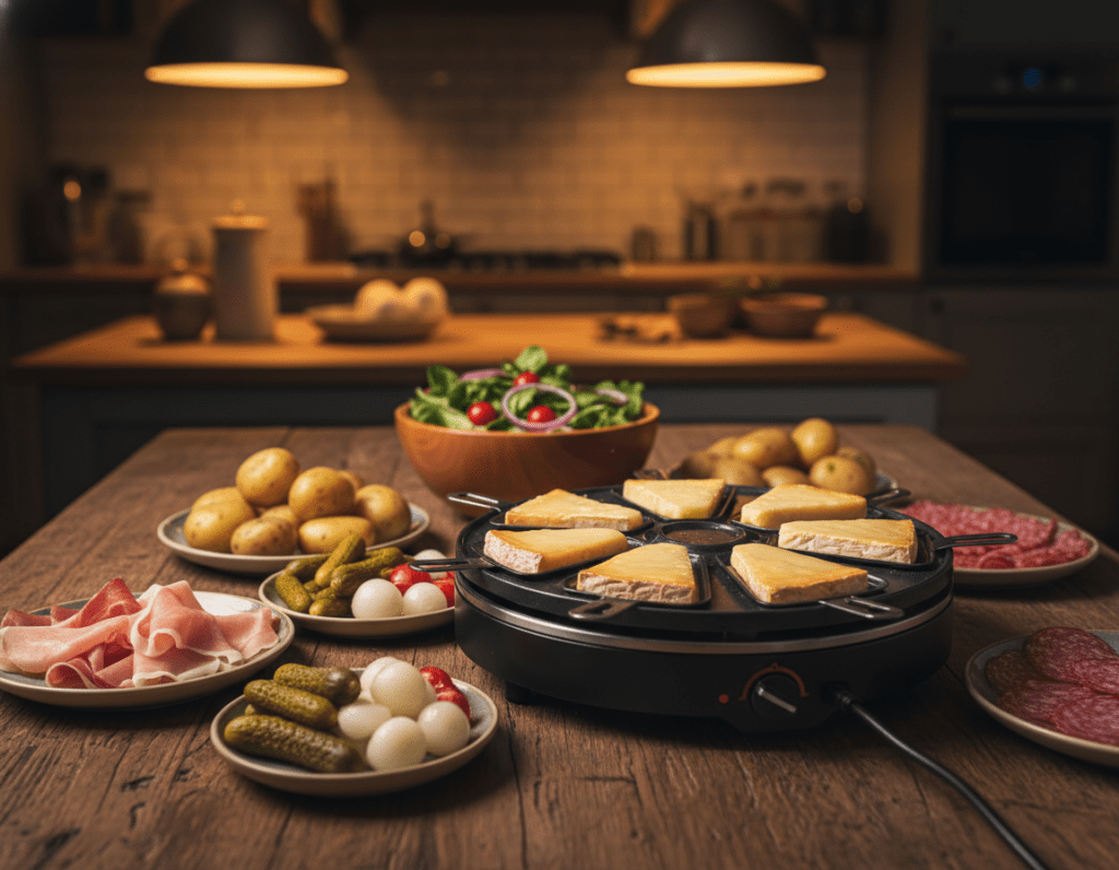 A beautifully arranged raclette setup on a rustic wooden table, showcasing an array of colorful ingredients for classic raclette dishes. In the foreground, a sizzling raclette grill is surrounded by plates of melted cheese, sliced potatoes, pickles, and cured meats like prosciutto and salami. The middle ground features a small bowl of fresh salad with vibrant cherry tomatoes and crisp greens, adding a touch of freshness. In the background, a cozy kitchen setting with warm lighting emanating from hanging pendant lights creates an inviting atmosphere. The scene captures a sense of warmth and togetherness, perfect for sharing a meal, with soft shadows adding depth. The camera angle is slightly elevated, providing a clear view of the raclette ingredients and the grill in action, invoking the classic experience of a raclette dinner.