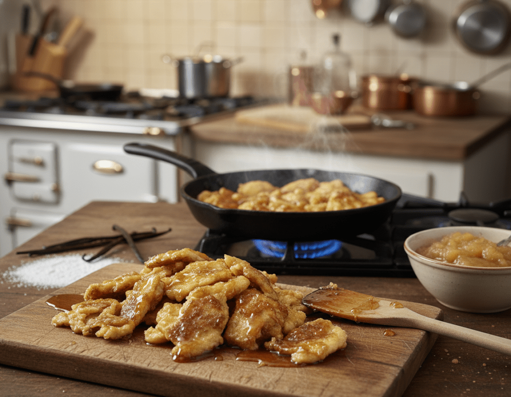 A beautifully arranged scene capturing the caramelization of Kaiserschmarrn. In the foreground, golden-brown pieces of the fluffy, shredded pancake, glistening with caramel syrup, are scattered on a rustic wooden cutting board. A small wooden spatula rests beside them, coated in caramel. In the middle ground, a frying pan with more Kaiserschmarrn is sizzling over a gas flame, steam rising gently. The pan is surrounded by ingredients like powdered sugar, vanilla pods, and a small bowl of apple sauce. In the background, a cozy kitchen setting with warm, soft lighting highlights a vintage stove and hanging kitchen utensils, evoking an inviting atmosphere. Use a shallow depth of field to emphasize the caramelized dessert, creating a warm and nostalgic mood perfect for a culinary masterpiece. A beautifully arranged scene capturing the caramelization of Kaiserschmarrn. In the foreground, golden-brown pieces of the fluffy, shredded pancake, glistening with caramel syrup, are scattered on a rustic wooden cutting board. A small wooden spatula rests beside them, coated in caramel. In the middle ground, a frying pan with more Kaiserschmarrn is sizzling over a gas flame, steam rising gently. The pan is surrounded by ingredients like powdered sugar, vanilla pods, and a small bowl of apple sauce. In the background, a cozy kitchen setting with warm, soft lighting highlights a vintage stove and hanging kitchen utensils, evoking an inviting atmosphere. Use a shallow depth of field to emphasize the caramelized dessert, creating a warm and nostalgic mood perfect for a culinary masterpiece.