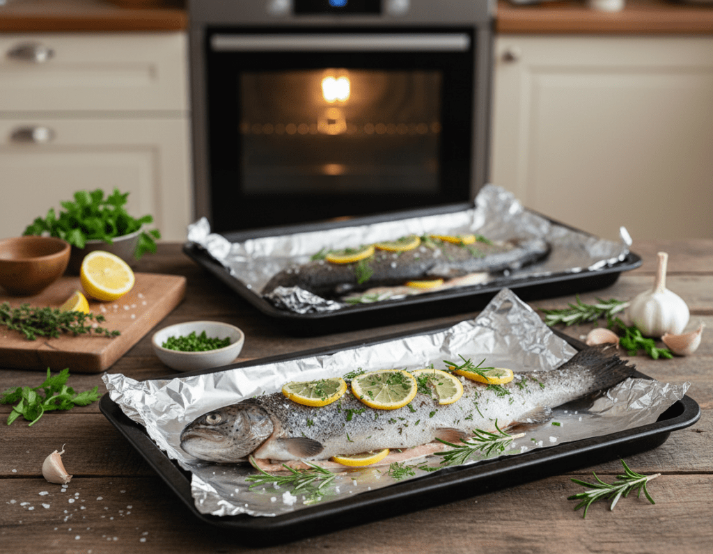 A beautifully arranged scene depicting the preparation of trout wrapped in aluminum foil and placed on a baking tray. In the foreground, the trout is glistening with olive oil, seasoned with herbs, lemon slices, and sprinkled with salt, highlighted by a soft, diffused natural light. The middle section shows the baking tray with the prepared trout, set against a rustic wooden countertop adorned with fresh ingredients like garlic, herbs, and a cutting board. In the background, a warm oven awaits, with hints of a homey kitchen atmosphere, accentuated by warm colors. The overall mood is inviting and comforting, perfect for a culinary article highlighting simple cooking methods. The composition is shot from a slightly elevated angle to capture all elements effectively while ensuring no text or branding is present. A beautifully arranged scene depicting the preparation of trout wrapped in aluminum foil and placed on a baking tray. In the foreground, the trout is glistening with olive oil, seasoned with herbs, lemon slices, and sprinkled with salt, highlighted by a soft, diffused natural light. The middle section shows the baking tray with the prepared trout, set against a rustic wooden countertop adorned with fresh ingredients like garlic, herbs, and a cutting board. In the background, a warm oven awaits, with hints of a homey kitchen atmosphere, accentuated by warm colors. The overall mood is inviting and comforting, perfect for a culinary article highlighting simple cooking methods. The composition is shot from a slightly elevated angle to capture all elements effectively while ensuring no text or branding is present.