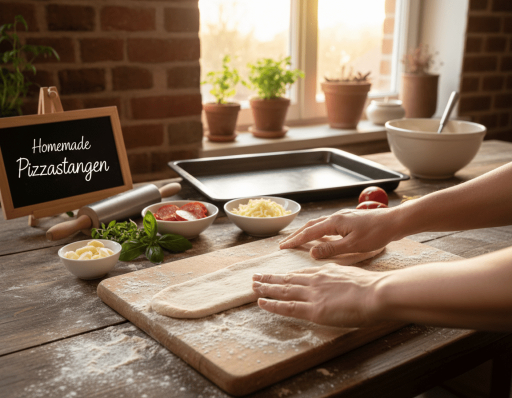 A beautifully arranged scene displaying the step-by-step process of shaping Pizzastangen (pizza sticks). In the foreground, a pair of hands expertly rolling out dough on a wooden surface, with flour lightly dusted around. The middle layer showcases an assortment of colorful toppings like tomato sauce, cheese, pepperoni, and herbs, neatly organized on a kitchen counter. In the background, a cozy kitchen setting with warm, natural light streaming through a window, illuminating the various utensils such as a rolling pin, cookie sheet, and mixing bowl. The atmosphere is inviting and homey, conveying a sense of culinary delight and creativity, making it clear that anyone can achieve perfect Pizzastangen at home.