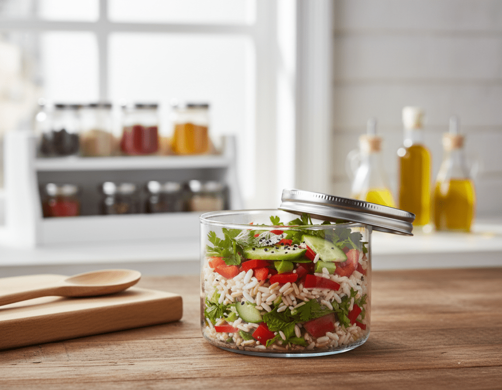 A beautifully arranged scene featuring a colorful rice salad stored in a clear glass container. The foreground showcases the vibrant ingredients: bright red bell peppers, green cucumbers, and speckled herbs, all elegantly layered with fluffy rice. The container is placed on a wooden kitchen table, with a shiny metal lid partially off to reveal the freshness inside. In the middle ground, there's a well-organized kitchen shelf with various spices and olive oil bottles, hinting at preparation nearby. The background includes soft, natural light streaming in from a window, creating a warm and inviting atmosphere. A few cooking utensils, like a wooden spoon and a cutting board, are subtly placed to emphasize the culinary theme. The overall mood is fresh, clean, and homey, perfect for food lovers looking to properly store their rice salad.