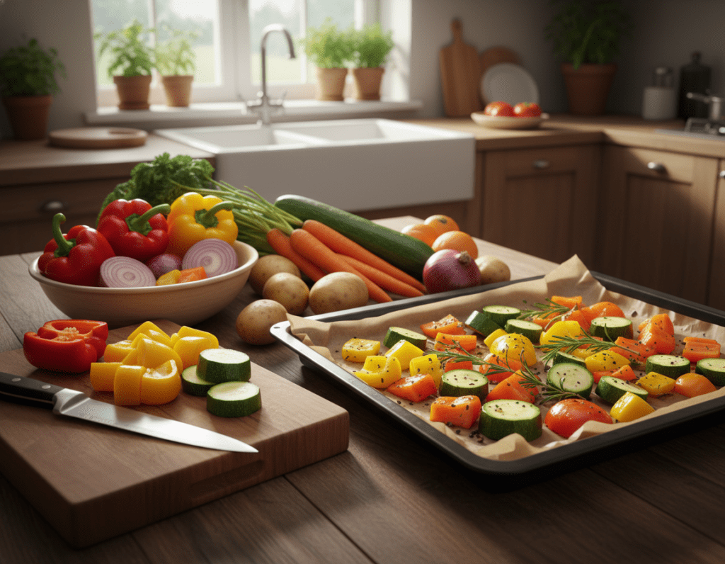 A beautifully arranged scene featuring a rustic wooden kitchen counter, where an assortment of vibrant, freshly washed vegetables such as bell peppers, carrots, zucchini, and potatoes are spread out. In the foreground, a chopping board with a sharp knife rests next to a bowl filled with colorful vegetables, indicating preparation for roasting. In the middle ground, a baking tray lined with parchment paper holds a variety of cut vegetables, drizzled with olive oil and sprinkled with herbs. The background reveals a warm, inviting kitchen with soft, natural lighting flooding in through a window, casting gentle shadows. The atmosphere is cozy and homely, capturing the essence of healthy cooking, with a focus on techniques for evenly roasting vegetables. A beautifully arranged scene featuring a rustic wooden kitchen counter, where an assortment of vibrant, freshly washed vegetables such as bell peppers, carrots, zucchini, and potatoes are spread out. In the foreground, a chopping board with a sharp knife rests next to a bowl filled with colorful vegetables, indicating preparation for roasting. In the middle ground, a baking tray lined with parchment paper holds a variety of cut vegetables, drizzled with olive oil and sprinkled with herbs. The background reveals a warm, inviting kitchen with soft, natural lighting flooding in through a window, casting gentle shadows. The atmosphere is cozy and homely, capturing the essence of healthy cooking, with a focus on techniques for evenly roasting vegetables.