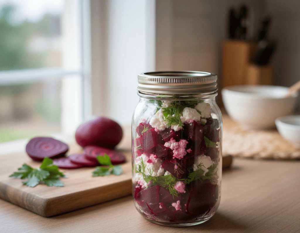 A beautifully arranged scene featuring a vibrant red beet salad with feta cheese, showcasing the freshness and colors of the ingredients. In the foreground, a glass jar filled with the salad is prominently displayed, highlighting the rich red hues of the beets mixed with crumbled white feta and sprinkled herbs. The middle layer includes a wooden cutting board with some sliced beets and a scattering of parsley, enhancing the organic feel. In the background, soft kitchen elements like a blurred countertop and natural light flowing in through a window create a warm, inviting atmosphere. The image should capture a feeling of freshness and appeal, suitable for showcasing the storage and longevity of the salad. Use soft, diffused lighting to create a gentle and homely ambiance, and frame the shot from a slightly elevated angle for a dynamic yet cozy view.