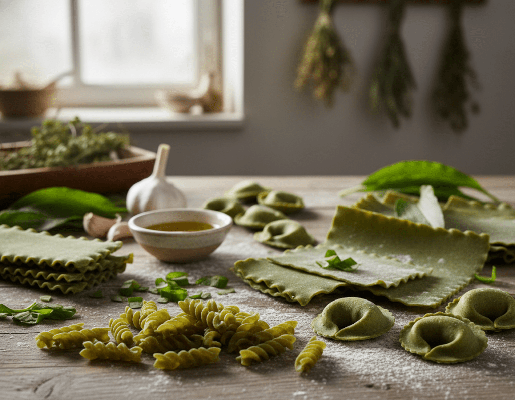 A beautifully arranged scene featuring various shapes of Bärlauch (wild garlic) pasta on a rustic wooden table. In the foreground, showcase different pasta types, such as spirals, sheets, and stuffed varieties, vividly colored with a rich green hue from the Bärlauch. Surround the pasta with fresh Bärlauch leaves and a sprinkle of flour for texture. In the middle ground, a soft-focus bowl of olive oil and garlic clove complements the pasta, enhancing the culinary ambiance. The background features subtle kitchen elements, like herbs and a softly lit window, creating a warm, inviting atmosphere. Use natural lighting to highlight the freshness of the ingredients, ensuring a cozy, artisanal feel to the composition, shot from a slightly elevated angle to capture the pasta's intricate shapes.