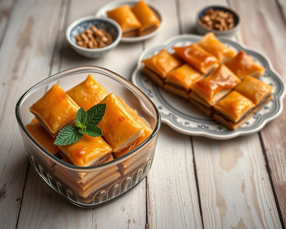 A beautifully arranged scene focusing on a tray of freshly made baklava, highlighting its golden, flaky layers glistening with honey. In the foreground, a stylish glass container is shown, partially filled with baklava and adorned with a sprig of mint, indicating storage. In the middle background, traditional Greek ceramic plates feature more pieces of baklava, alongside a small bowl of crushed nuts to convey freshness. Soft, warm lighting enhances the rich textures and colors, creating a cozy atmosphere reminiscent of a welcoming kitchen. A faded wooden table serves as the base, adding rustic charm. The angle is slightly overhead, providing a clear view of the baklava arrangement while allowing the background elements to complement the subject. The mood is inviting and deliciously enticing, perfect for illustrating the section on storing and preparing this delightful dessert.
